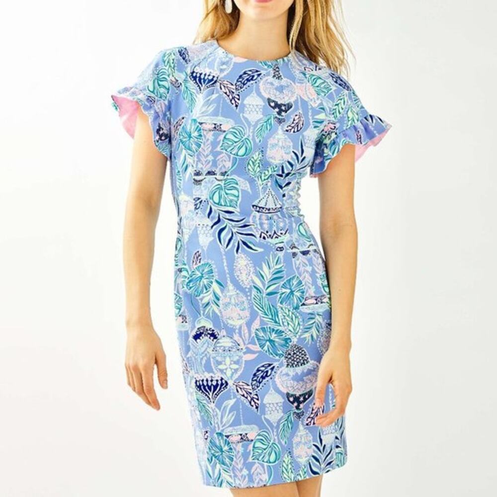 Lilly Pulitzer Kerstin Blue Lapis Lanterns Stretch Flounce Sleeve Shift Dress